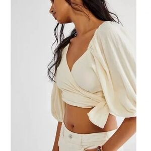 Free People x Jen's Pirate Booty Cream Paia Puff Sleeve Crop Top Size Small